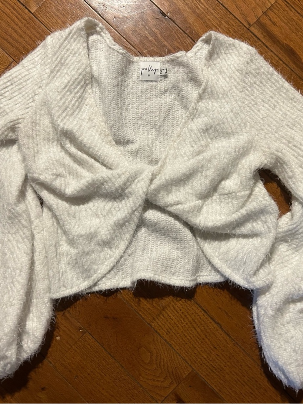 Polly & Co. White Fuzzy Twist-Front V-Neck Sweater